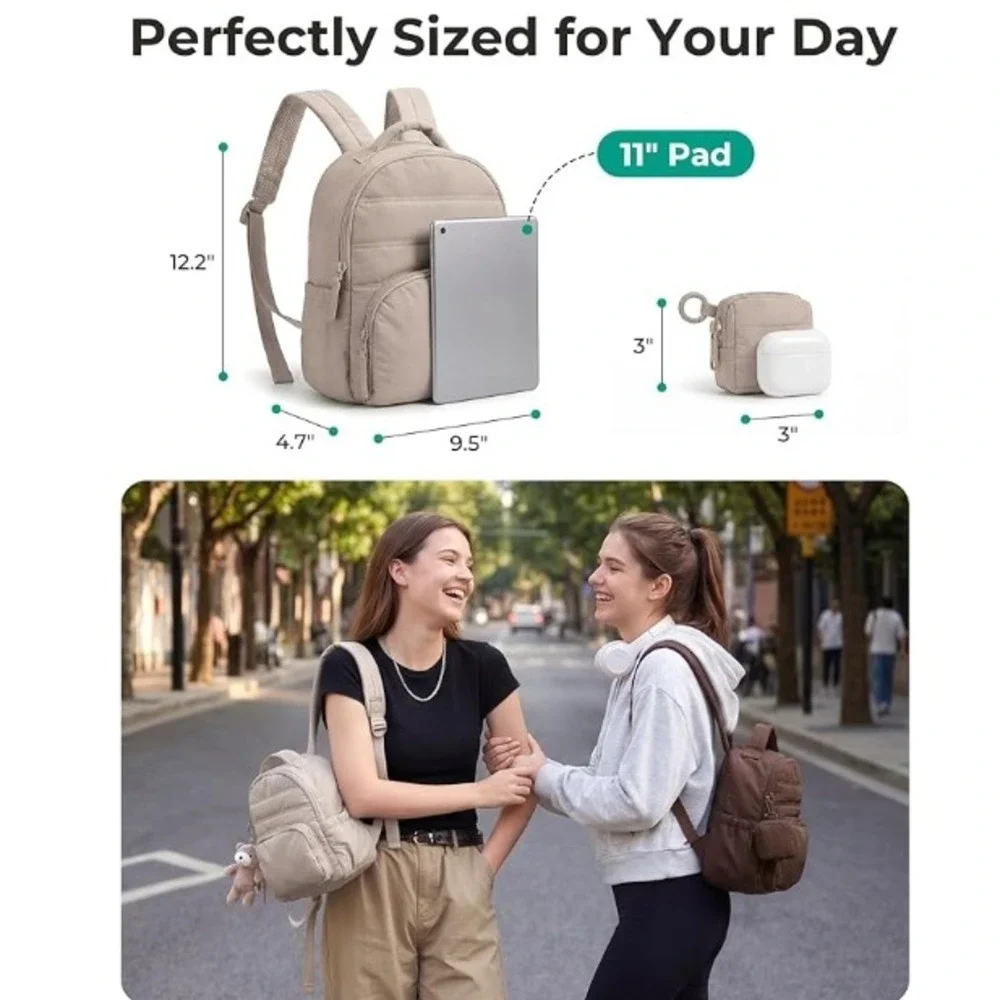 BAGSMART Puffer Mini Backpack Women Small Latte Brown Quilted 2-in-1 Set